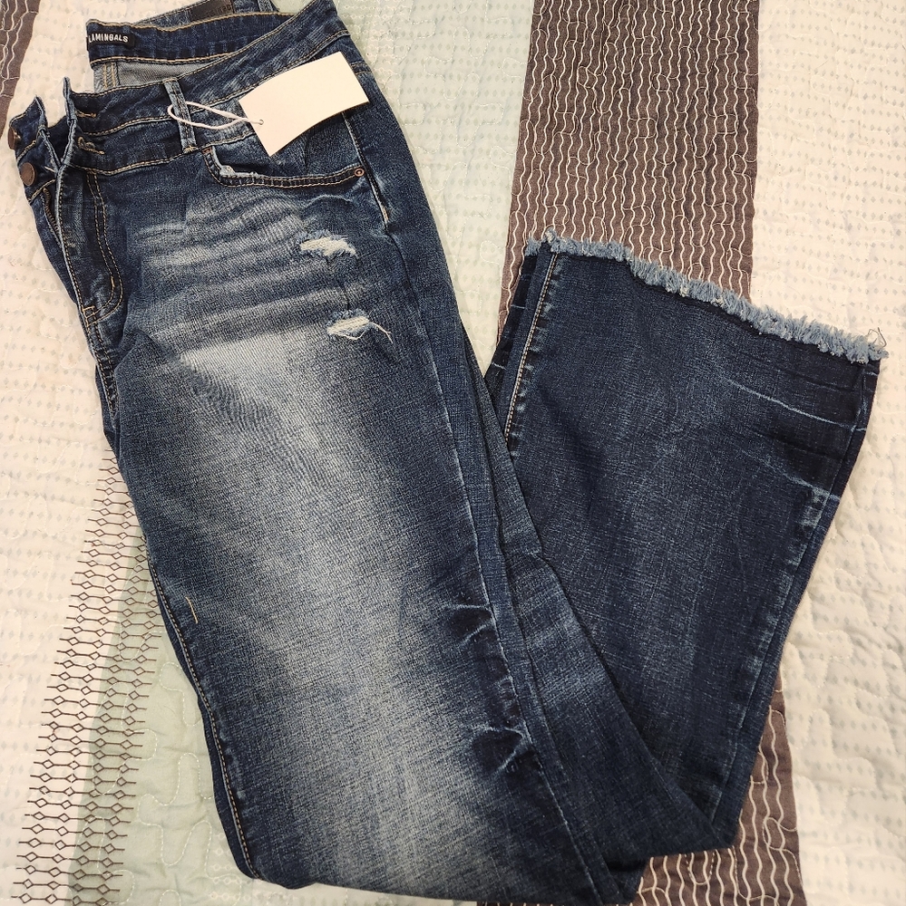 Double Button Ripped Raw Hem Bootcut Jeans